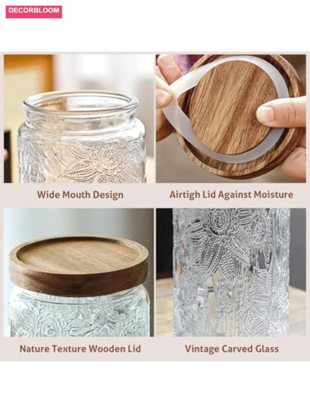 6 Pack Airtight Glass Storage Jar with Bamboo Lid - 24oz Food Canisters for